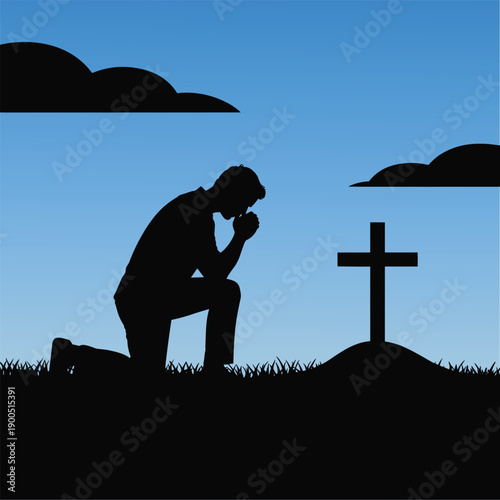 Silhouette of Man Praying at Cross on Grave at Sunset Vector Illustration