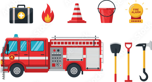 Fire emergency and rescue equipment set, fire truck, alarm, extinguisher tools, first aid, safety icons collection