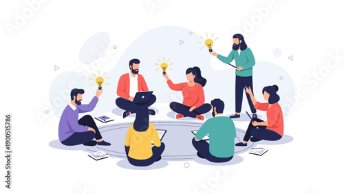 Diverse team brainstorming ideas, holding lightbulbs, collaboration, innovation concept