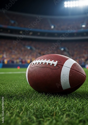 Close up of an oval shaped sport ball resting on stadium turf under bright lights