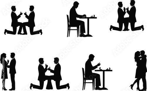 Set of romantic marriage proposal silhouettes including gay and straight couples, engagement scenes, dinner date, and heartfelt hugs, vector illustration