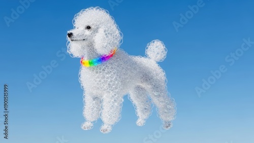Surreal of a transparent bubble poodle with a vibrant rainbow collar floating against a clear blue sky, an imaginative and whimsical pet concept.