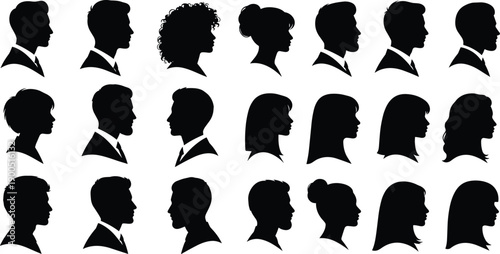 Silhouette profile icon grid, twenty diverse head shapes with hairstyles and facial features, black vector illustration, identity and psychology theme, isolated on white background