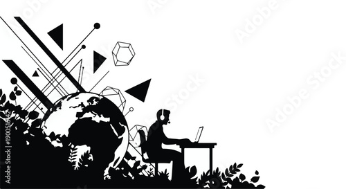 Silhouette of person with headphones working on laptop surrounded by abstract geometric shapes and organic elements