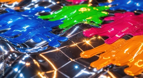 Glossy, colorful liquid shapes adhere to a dark, reflective, undulating surface illuminated by bright lights.