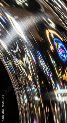 Curved polished metal surface reflects vibrant abstract streaks of artificial illumination