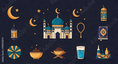 Ramadan kareem islamic symbols and food illustrations on dark background