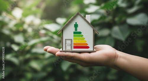 Hand holding a miniature house with energy performance certificate against a lush green natural background representing sustainable and eco-friendly home living.