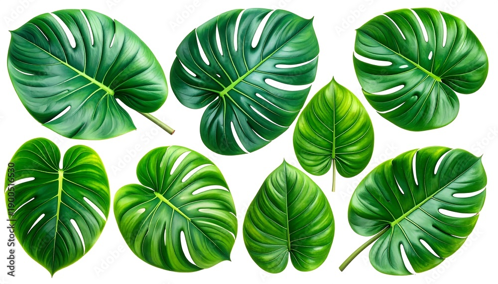 Obraz premium Lush, vivid monstera and tropical plant leaves arranged on a white background