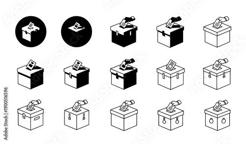 Election Voting Ballot Box Icons Black and White Vector Set