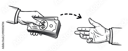 Hand holding cash banknotes with dollar sign exchanging money with another hand showing payment transaction or financial giving and receiving concept for business finance applications.