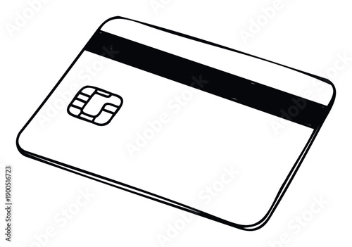 Black and white hand drawn sketch of a payment card with magnetic stripe and EMV chip, perfect for illustrating financial transactions, banking services, online shopping, and secure