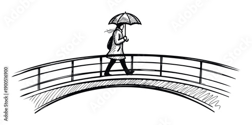 A lone figure carrying an umbrella traverses an arched bridge, creating a contemplative scene perfect for evoking themes of transition, travel, or introspective moments.