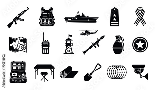 Comprehensive collection of military and security equipment icons including weapons, vehicles, gear, and supplies useful for defense strategy and war game development
