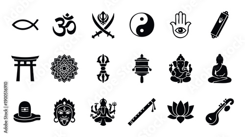 Comprehensive collection of various religious and spiritual symbols and diverse cultural icons representing global traditions, perfect for educational materials, multicultural event