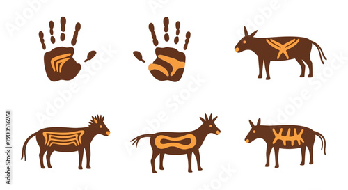 Ancient cave art with handprints and animal figures