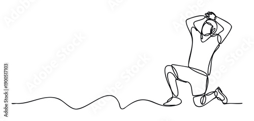 Continuous line drawing portraying a person kneeling with hands on head in despair or deep thought, suitable for mental health awareness campaigns and emotional support graphics