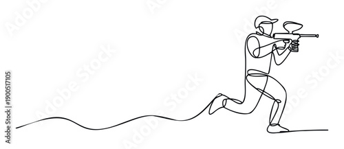 Continuous line graphic of a person running during a paintball game, carrying a marker, great for illustrating teamwork, outdoor activities, or competitive sports events
