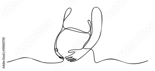 Simple continuous line art depicting an expectant mother holding her growing belly, ideal for obstetric care presentations, baby shower invitations, and fertility clinic promotions.