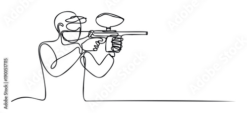 Minimalist continuous line drawing depicting a person engaged in the dynamic sport of paintball, aiming their marker, suitable for active lifestyle promotions, gaming websites, or