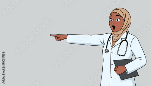  female doctor in a white coat is pointing at something. Banner for hospital and clinic.