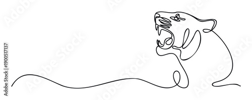 Minimalist continuous line drawing of a roaring big cat head symbolizing power and courage, ideal for contemporary graphic prints, marketing materials, or minimalist brand identity