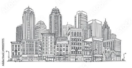 Line drawing of a sprawling cityscape showcasing diverse architecture, from towering skyscrapers to streetlevel shops with street activity, ideal for various urban graphic projects.