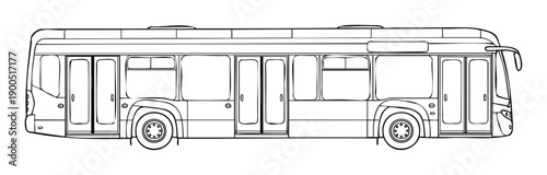 Detailed black and white outline drawing of a modern public transportation city bus, ideal for illustrating urban travel concepts, educational coloring books, or various transportation