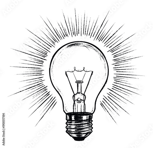 Dynamic hand drawn light bulb symbol with radiating distressed lines depicting an innovative idea or solution, perfect for creative branding, educational content, or energy themed projects