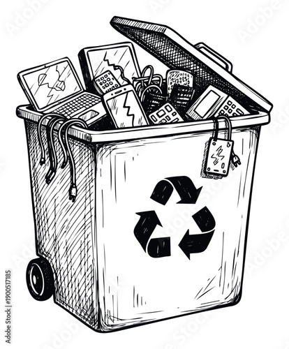 Recycling bin full of discarded broken electronics such as laptops, cellphones, and cables, perfect for conveying environmental protection and responsible ewaste disposal themes