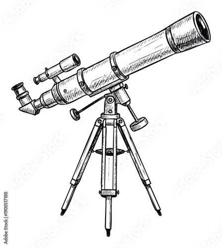 Detailed line drawing of a telescope mounted on a sturdy tripod, perfect for astronomical observation and scientific discovery in educational or hobbyrelated graphic projects