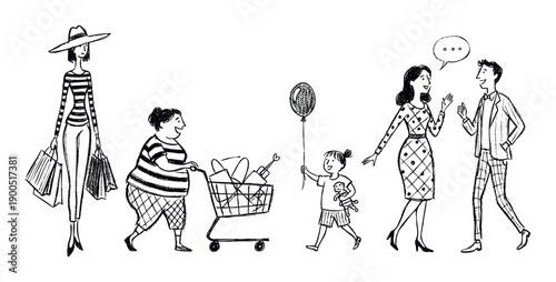 Various happy adults and a child depicted enjoying everyday life including retail therapy, grocery shopping, and pleasant conversation suitable for illustrating consumerism and social