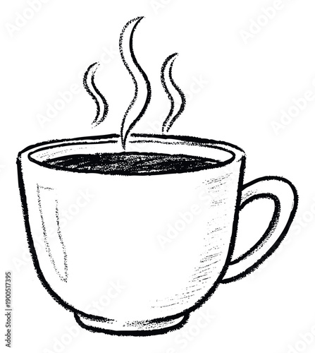Commercial hand drawn chalk style graphic featuring a steaming hot coffee cup, ideal for breakfast and morning routine themes, cafe branding, or cozy beverage promotions.