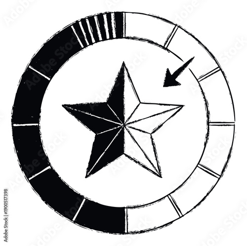 Grungy styled radial meter showing a partial star and an arrow indicating progress or ranking system for game interfaces or educational tools