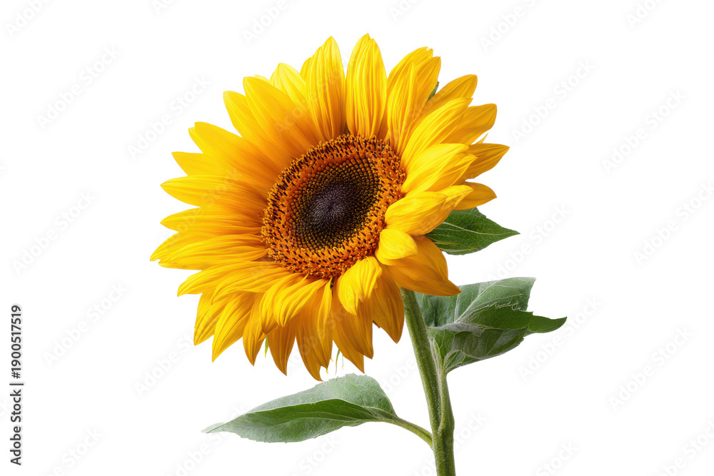 Fototapeta premium Bright yellow sunflower with dark center and green leaves on black background bloom blossom, Isolated, Png Transparent Background