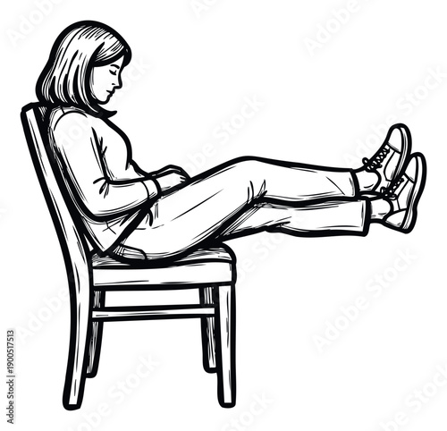 Young woman sitting comfortably on a chair with her feet up, enjoying a moment of leisure and relaxation, perfect for wellness and lifestyle publications or personal blogs
