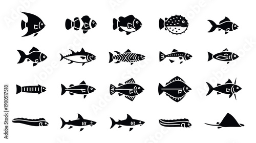 A broad assortment of fish species icons including tropical, freshwater, and predatory fish, suitable for educational content, fishing industry representations, or naturethemed presentations