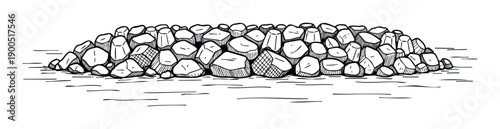 Stylized hand drawn black and white stone wall or rock formation graphic depicting natural textures for game elements, comic book panels, or educational materials