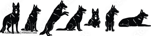 German Shepherd dog silhouettes set standing sitting jumping lying guard dog poses isolated black vector illustration collection