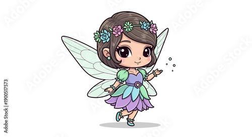 Cute cartoon fairy with floral crown and wings on white background