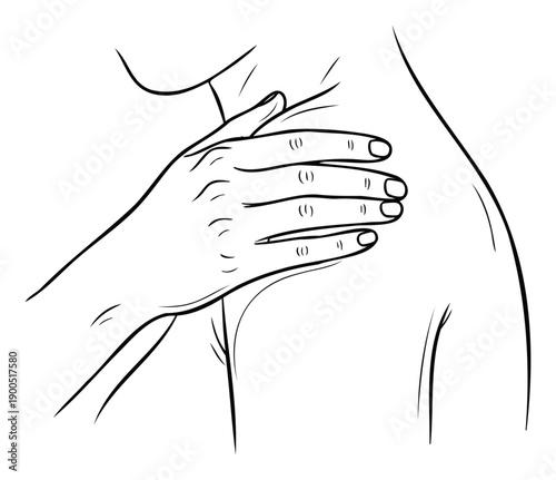 Simple line drawing illustrating a human hand pressing or massaging the shoulder and neck area, useful for health, wellness, and body pain relief educational materials or medical
