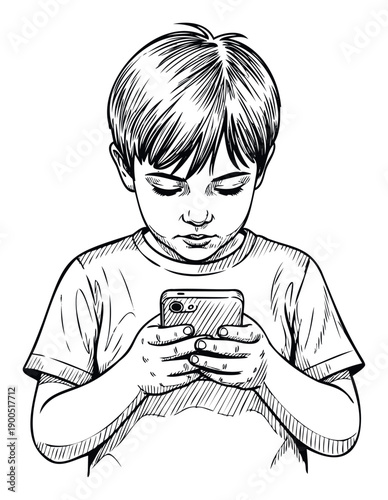 Focused boy holding a mobile phone in both hands, an ideal visual for illustrating modern youth engagement with mobile technology and the impact of screens on children for various media