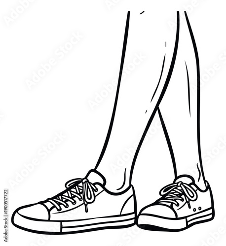 Monochrome outline drawing of a persons lower legs wearing casual sneakers, perfect for lifestyle blogs, sportswear promotions, or youth culture publications.