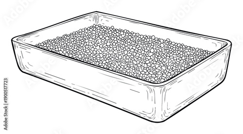 Simple line drawing of a rectangular tray filled with small granules, useful for educational content, material science diagrams, or as a visual representation for aggregate materials.