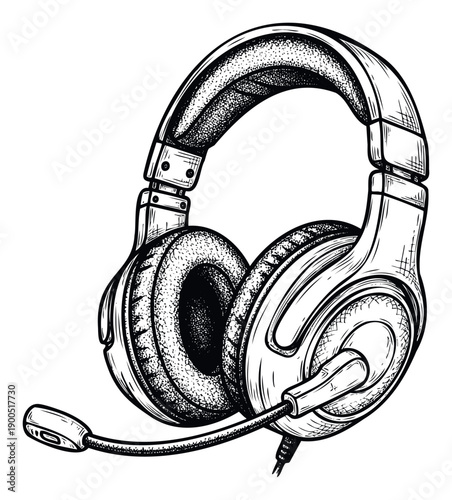 Professional gaming headset with an attached microphone depicted in a detailed handdrawn sketch style, ideal for illustrating concepts of online communication, esports, and modern audio