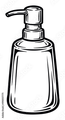 A detailed monochrome outline of a modern liquid soap dispenser, perfect for hygiene product packaging, bathroom decor, or health and wellness promotional materials