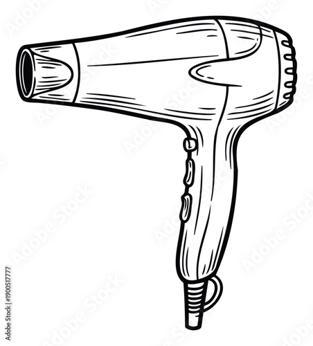 Simple outline drawing of a classic hairdryer for a minimalist design, perfect for beauty product advertisements, personal care blogs, or salon branding and icons
