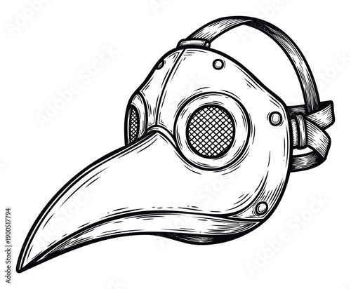 Vintage black and white plague doctor mask engraving for historical documentaries, spooky Halloween decorations, gothic event flyers, or dark themed clothing prints.