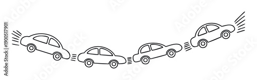 A playful black and white sequence of small simple cars moving in a wavy line, symbolizing travel, transportation, or a journey for childrens books and educational materials