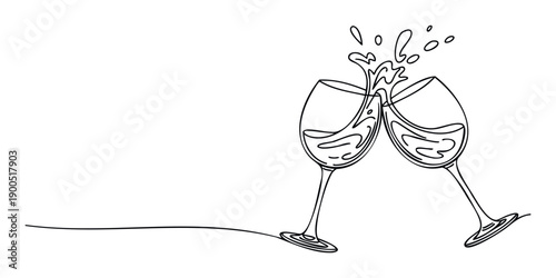 Continuous line drawing depicting two elegant wine glasses clinking in a celebratory toast with dynamic splash, perfect for event invitations, beverage promotions, or party themed graphic